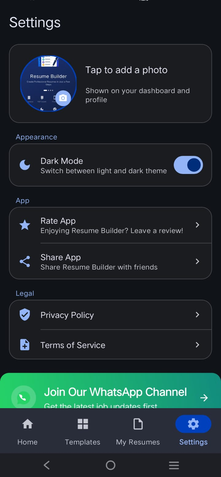 Resume Builder settings in dark mode