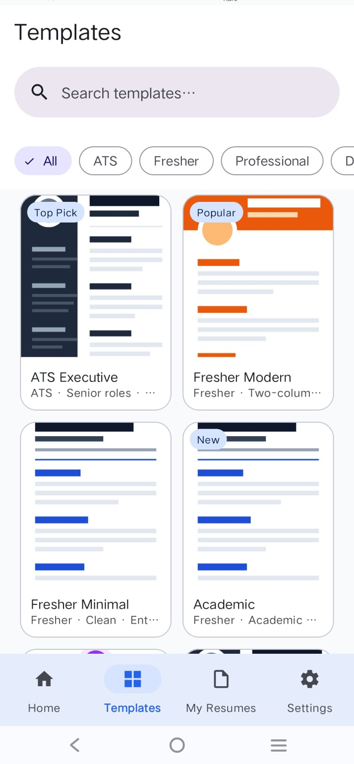 Resume Builder templates screen showing 30+ templates