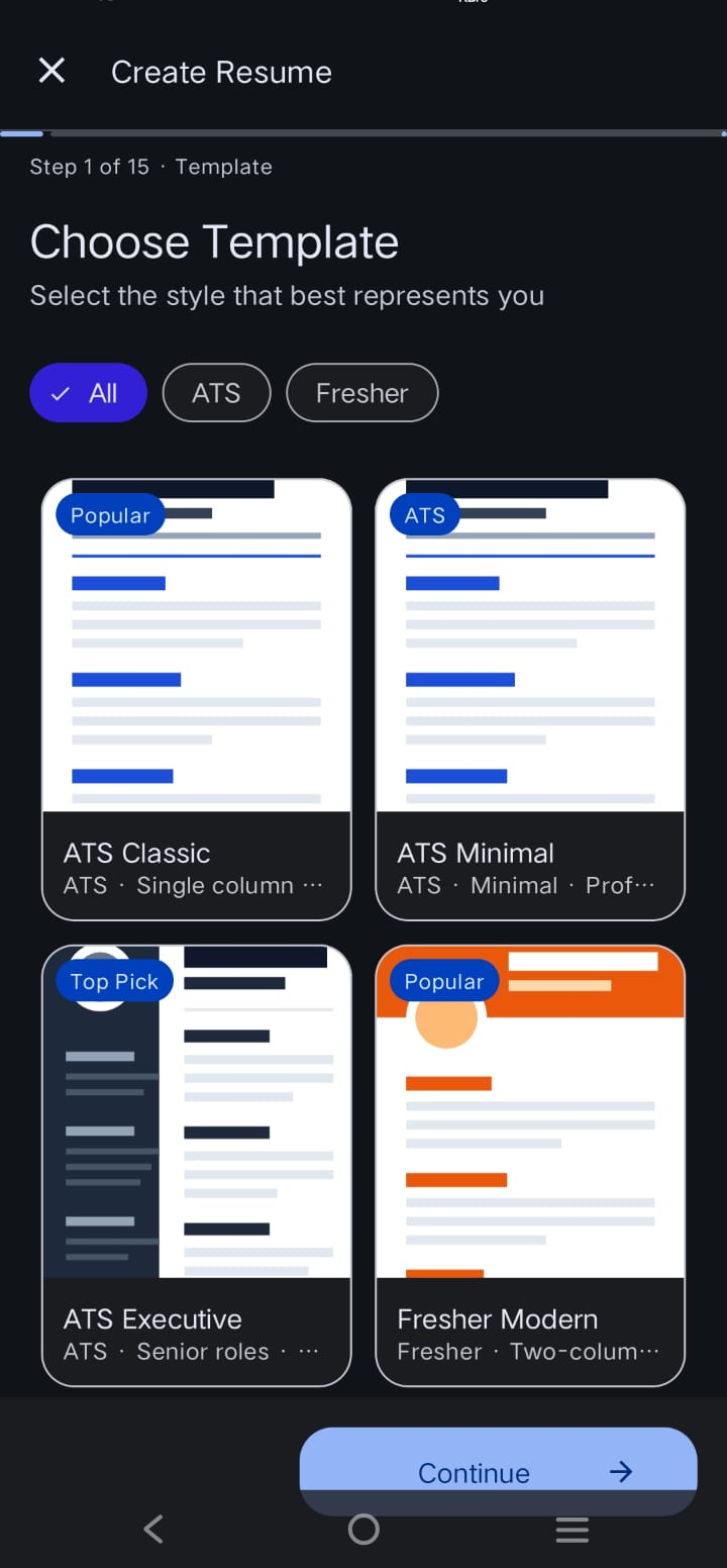 Resume Builder guided builder in dark mode